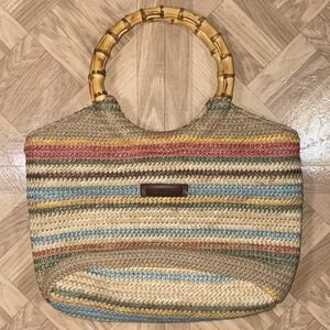 Rosetti 11.5 x 7 Woven Striped Straw Bamboo Handle Tote Handbag Purse Coin Pouch